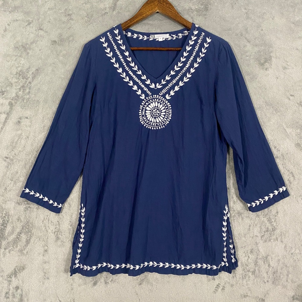 Pomegranate Tunic Sz M Blue White Embroidered V-Neck 3/4 Sleeve Peasant Boho